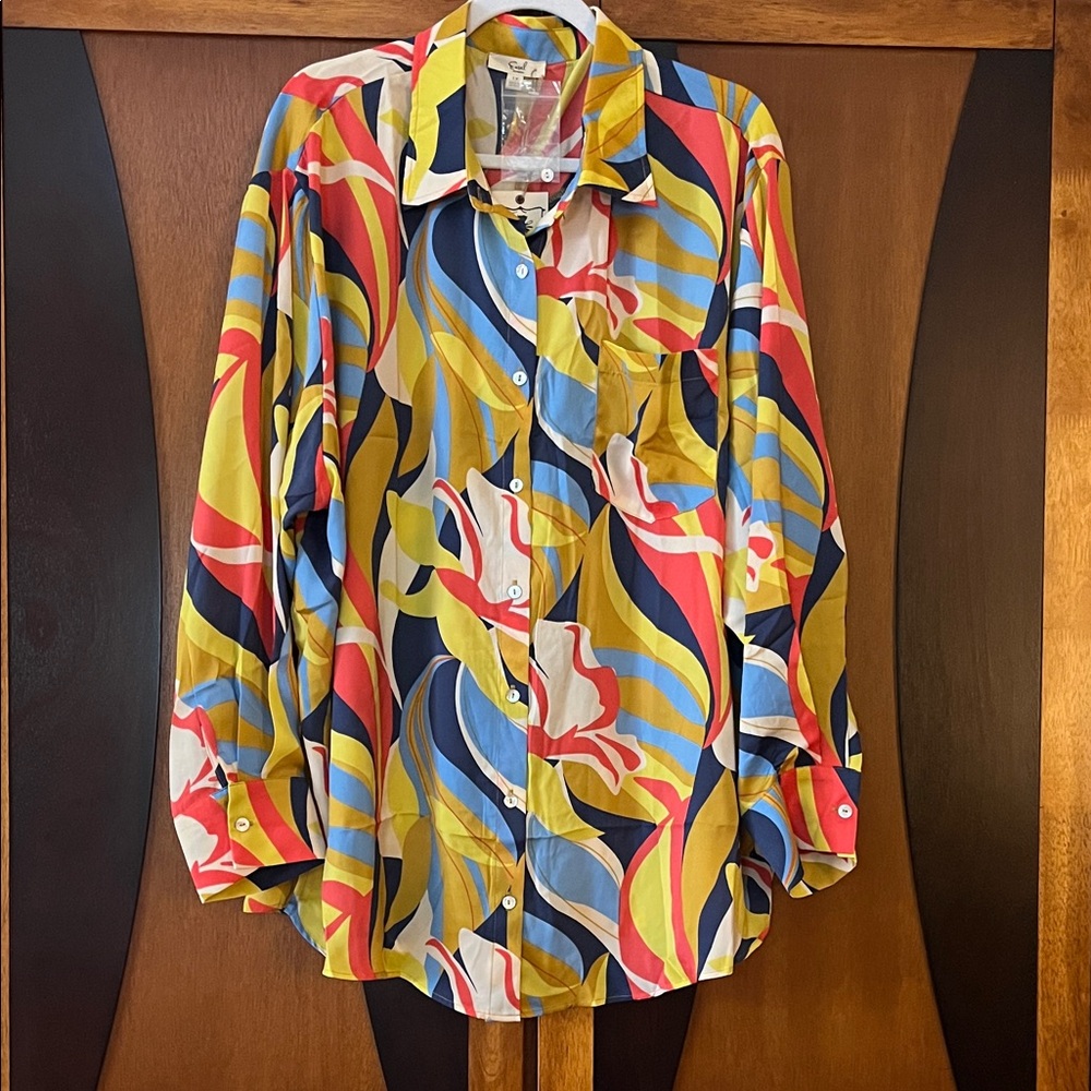 NWT🦀Easel Women’s Button Down w/Chest Pocket-Long Sleeves-Side Slits-Vibrant!